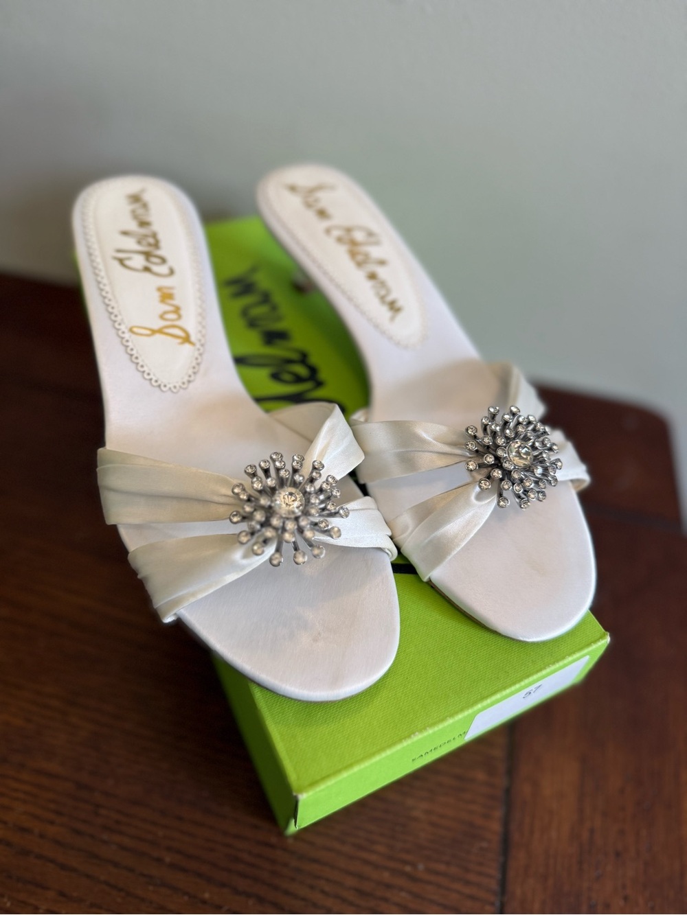 Sam Edelman Cindie White Satin Slide Mules with Rhinestone Starburst